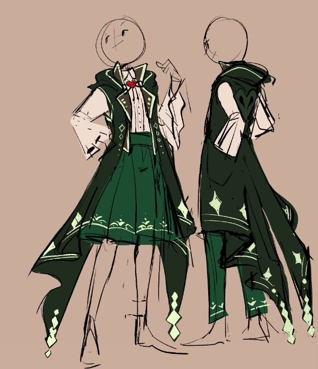 this is a fashion design illustration of a character wearing a green and black outfit. the outfit consists of a long, flowing cape with diamond patterns, a vest, a skirt, and pants. the character is also wearing a white shirt with a red bow tie.