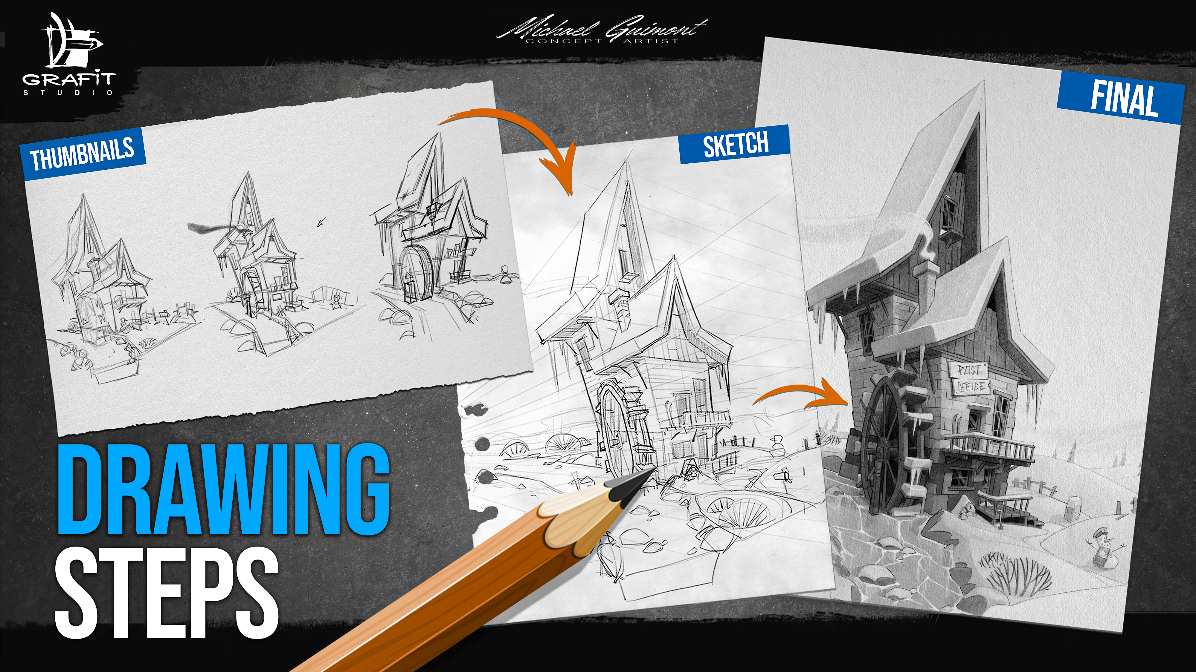the image showcases a stepbystep drawing tutorial for a fantasy building. it starts with rough thumbnail sketches, progresses to a detailed sketch, and ends with a polished final illustration in grayscale. the building features intricate details and a whimsical, slightly eerie aesthetic.