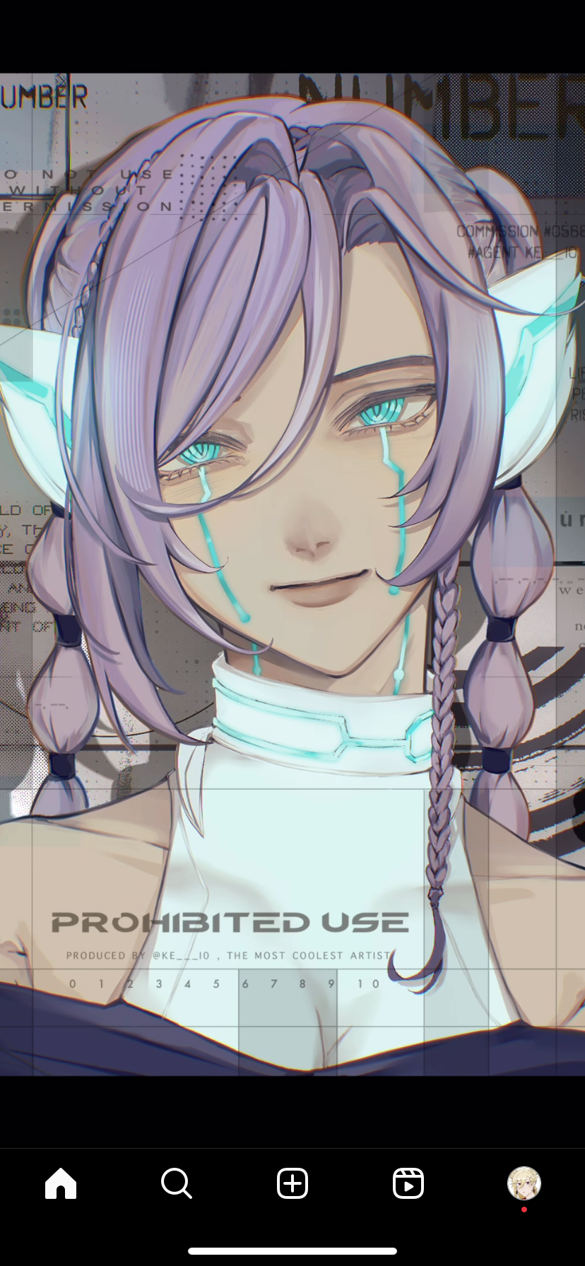 the image is a digital illustration of a woman with a futuristic, cyberpunk aesthetic. she has long, white hair styled in braids, bright blue eyes, and a neutral expression. she wears a hightech white collar and a dark top. the background features a repeated "prohibited use" warning and a digital noise pattern. the overall tone is cool and futuristic.