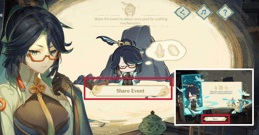 this image showcases a screen capture from the mobile game genshin impact. the image displays two distinct sections. on the left, a character named ganyu is standing with a hand on her cheek. the background is a soft, pastel colored image. on the right, a popup menu appears. in this menu, an image of ganyu appears in the background. the menu includes text in english explaining the event, as well as buttons to share the event. the image provides a glimpse into the game's mechanics, where players can share events to obtain resources for crafting.