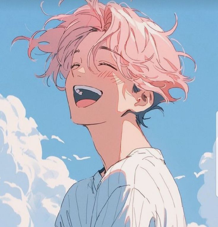 the image is an animestyle illustration of a happy young man with light pink, slightly messy hair. he is smiling broadly, revealing his teeth, and his cheeks are flushed.  he's wearing a light blue and white striped shirt. the background is a soft, pastel blue sky with fluffy white clouds, suggesting a sunny and cheerful day. the overall style is soft, pastel, and dreamy.