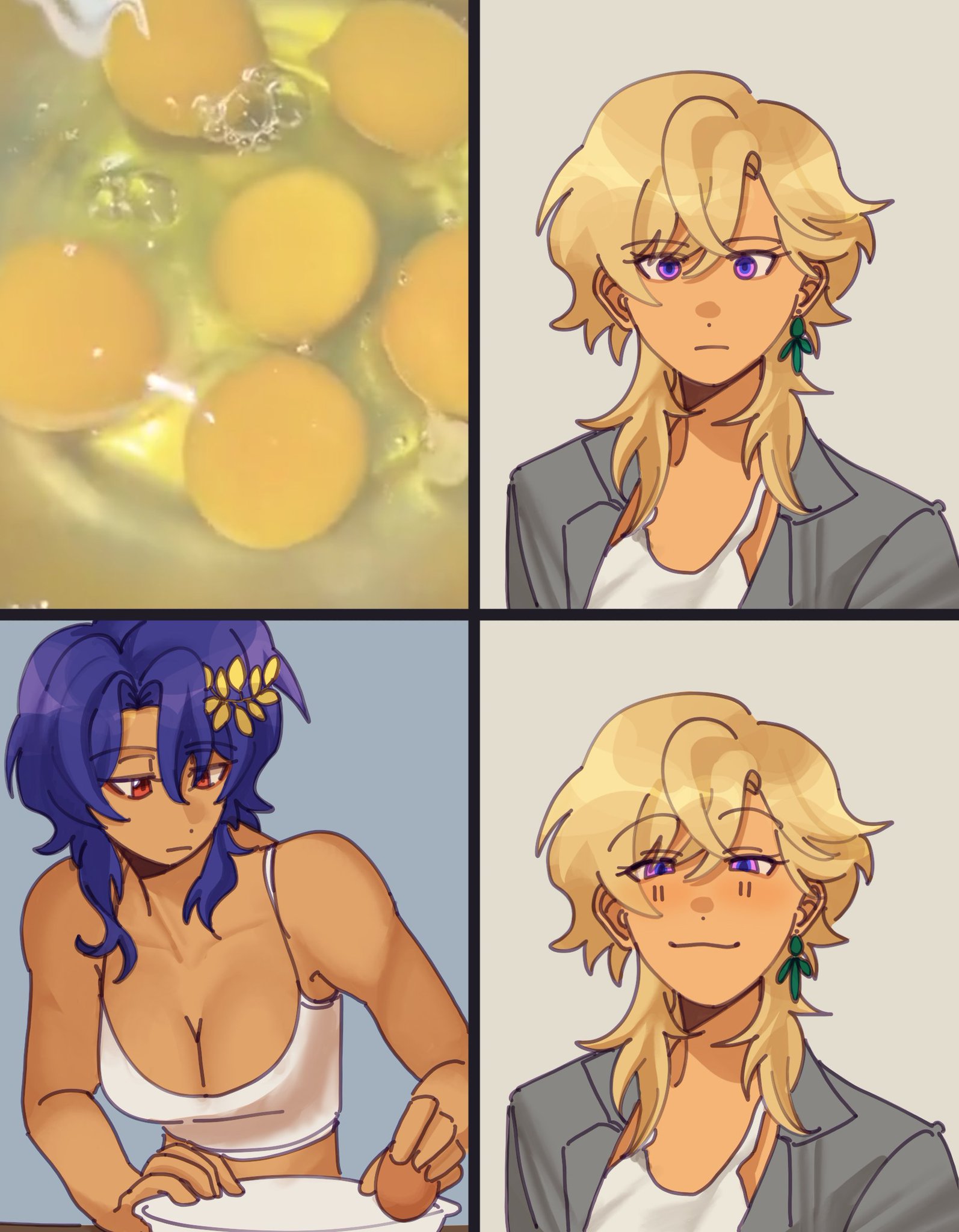 this is a digital art image. it shows a meme format of 4 panels. in the first panel there is an image of a bowl of eggs. the second panel shows a blonde girl with purple eyes, she has a neutral expression. the third panel shows a girl with blue hair, she has a neutral expression and is holding an egg. the fourth panel shows the blonde girl from the second panel smiling, she has a blush on her cheeks. the bottom two panels show a reaction to the top two panels. the image can be interpreted as the blonde girl is jealous of the bluehaired girl and her ability to cook eggs.