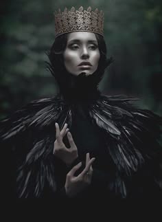 a dark portrait of a woman wearing a golden crown, her face partially obscured by dark feathers that create an ethereal and mystical ambiance.  the image evokes a sense of royalty, power, and dark magic.  she is dressed in a black gown and cloak of feathers, the darkness highlighting the shine of her gold crown.  her expression is mysterious, but there is a hint of power in her gaze.  the overall effect is one of enchantment and intrigue.