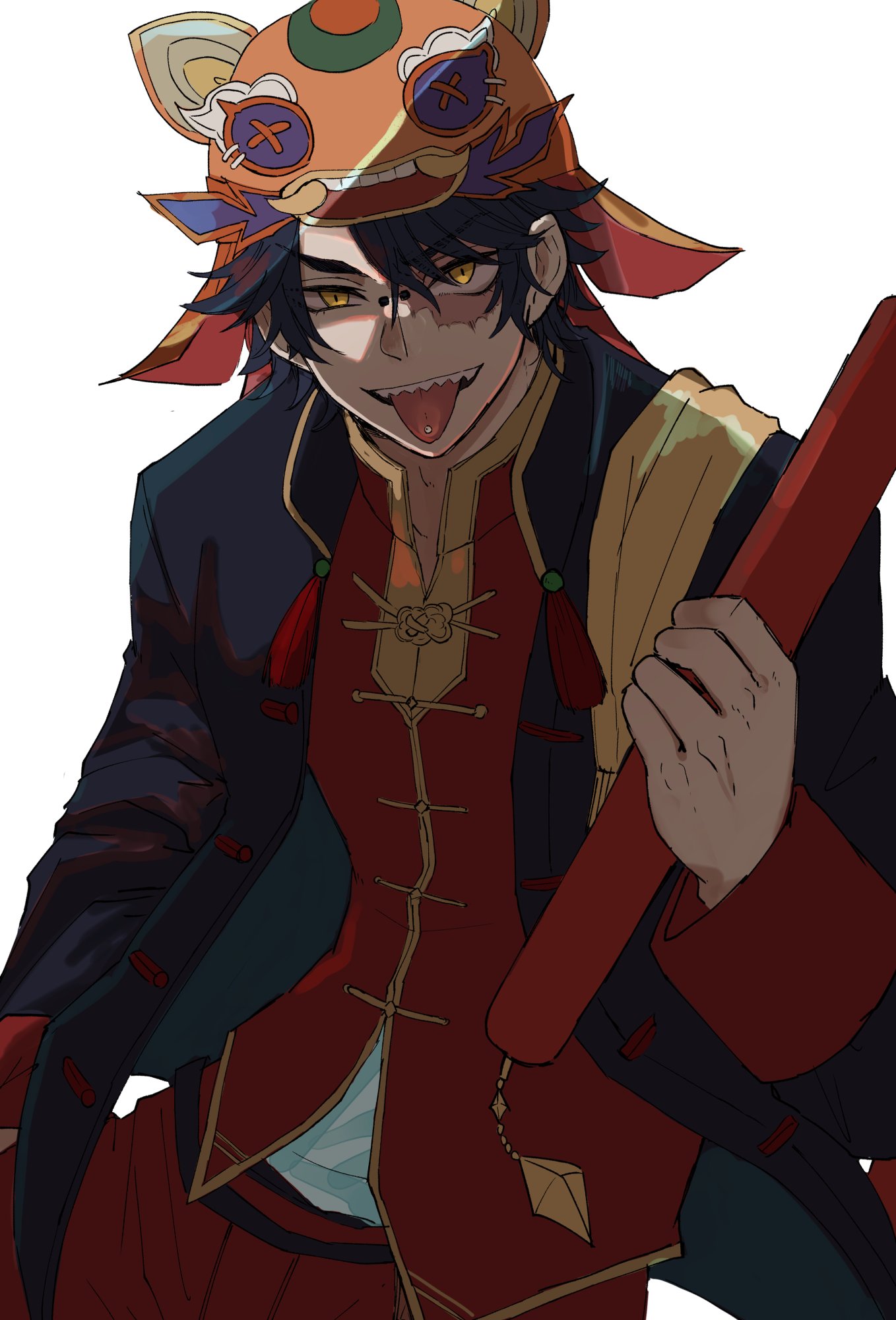 this is a digital illustration of an anime/mangastyle male character. he is wearing a traditional chinese outfit with a lionthemed hat and holding a fan/stick. the character's clothing is a combination of red, gold, and black colors, and he has a mischievous expression on his face. the art style is detailed and vibrant, with a dynamic composition.