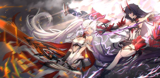 the image depicts two women engaged in a fierce battle, their contrasting appearances symbolizing a clash between light and darkness. the woman on the left has long white hair and wields a blazing orange sword, her figure enveloped in fiery energy. her opponent on the right has long black hair and devil horns, wielding a purple blade crackling with electricity.  dynamic lines and glowing effects around their weapons create a sense of intense action and magical power. the background is abstract, filled with swirling energy and light flares. the perspective is slightly from below, emphasizing the powerful stances of both characters.
