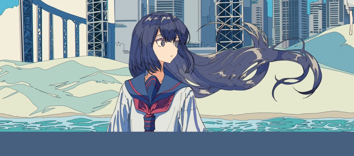 the image is an illustration featuring an animestyle girl with long, flowing purple hair. she is wearing a sailorstyle school uniform. the background is a stylized cityscape with skyscrapers and a bridge, overlooking a beach with teal water. the overall style is clean and graphic, with a strong emphasis on color and line. the wind is blowing the girl's hair.
