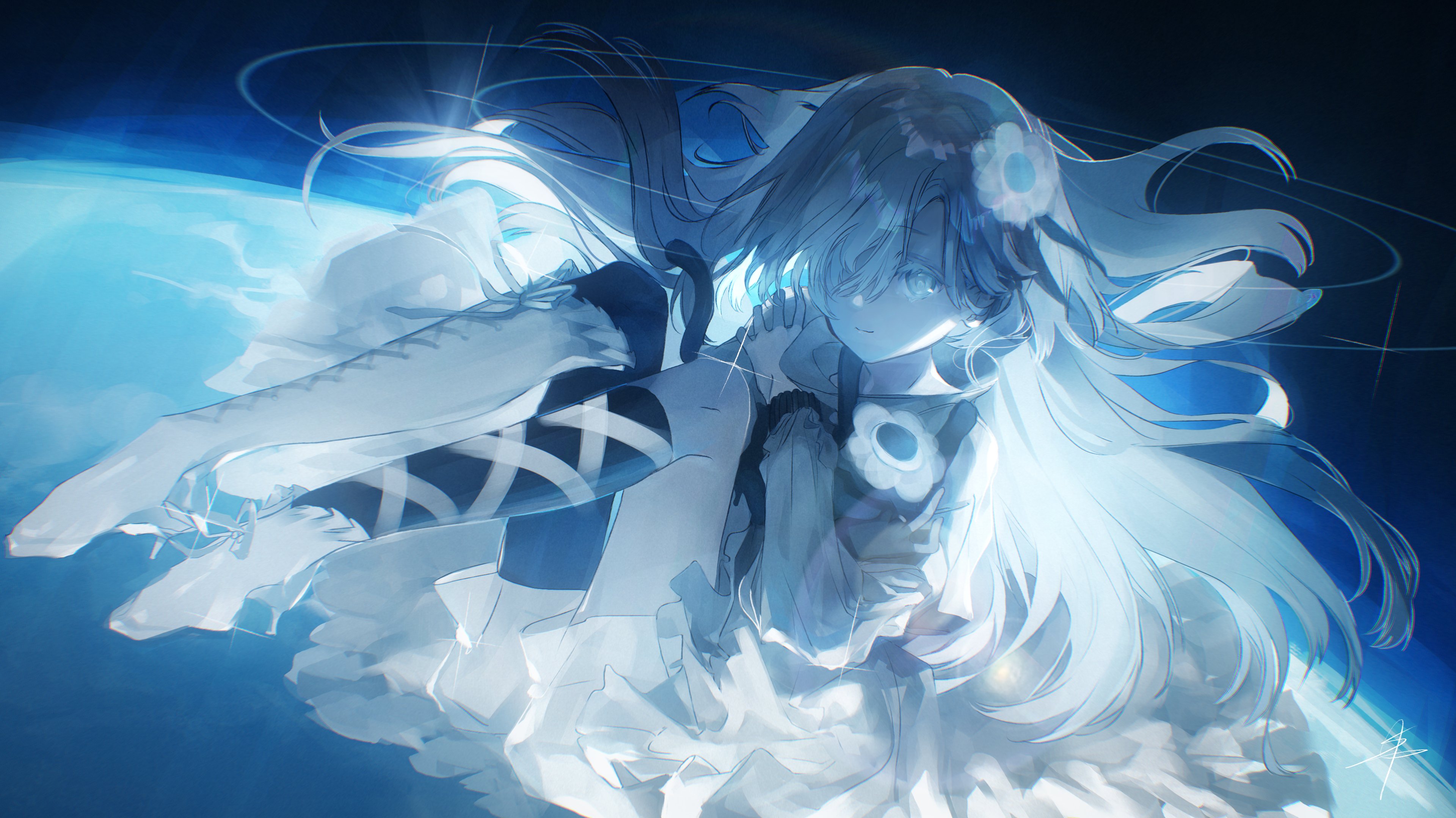 a light blue hued anime girl with long white hair adorned with a flower and blue eyes is sitting against a blue planet backdrop. she is wearing black and white thigh high socks and a dress, and there are rings around her. the scene is ethereal and dreamlike.
