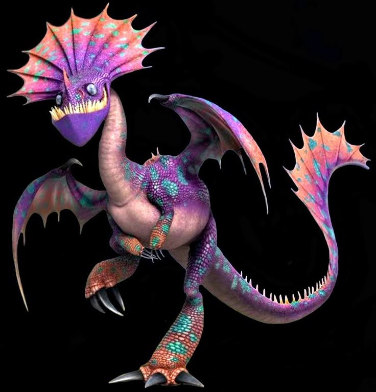 the image features a 3d render of a razorwhip dragon from the "how to train your dragon" franchise. the dragon has a vibrant color scheme including purple, pink, orange, and teal. it has a prominent crest on its head, wings, a long tail with sharp edges, sharp claws, and a distinctive set of teeth. the dragon is set against a black background.
