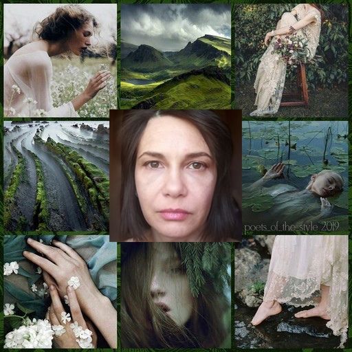 this image is a collage of nine different photographs, all related to nature, beauty, and a mystical or dreamlike aesthetic. the top left image shows a woman with long, dark hair and a white dress, standing in a field of green grass and white flowers, with a soft focus. the top middle image is a landscape shot of green hills and mountains, with a blue sky and white clouds, in the background. the top right image shows a woman in a white dress, sitting on a rock in a forest setting, with green leaves and branches surrounding her. the middle left image is a closeup of moss and rocks, forming a beautiful pattern. the middle center image is a portrait of a woman with long, dark hair and a serious expression. the middle right image shows a woman in a white dress, floating in a lake with green lily pads. the bottom left image shows a woman's hands, holding white flowers, against a backdrop of green leaves and branches. the bottom middle image shows a woman's face, covered in leaves and branches, with a soft focus. the bottom right image shows a woman in a white dress, standing in a lake with green water, with a soft focus. the overall effect of the collage is one of peace, tranquility, and beauty.