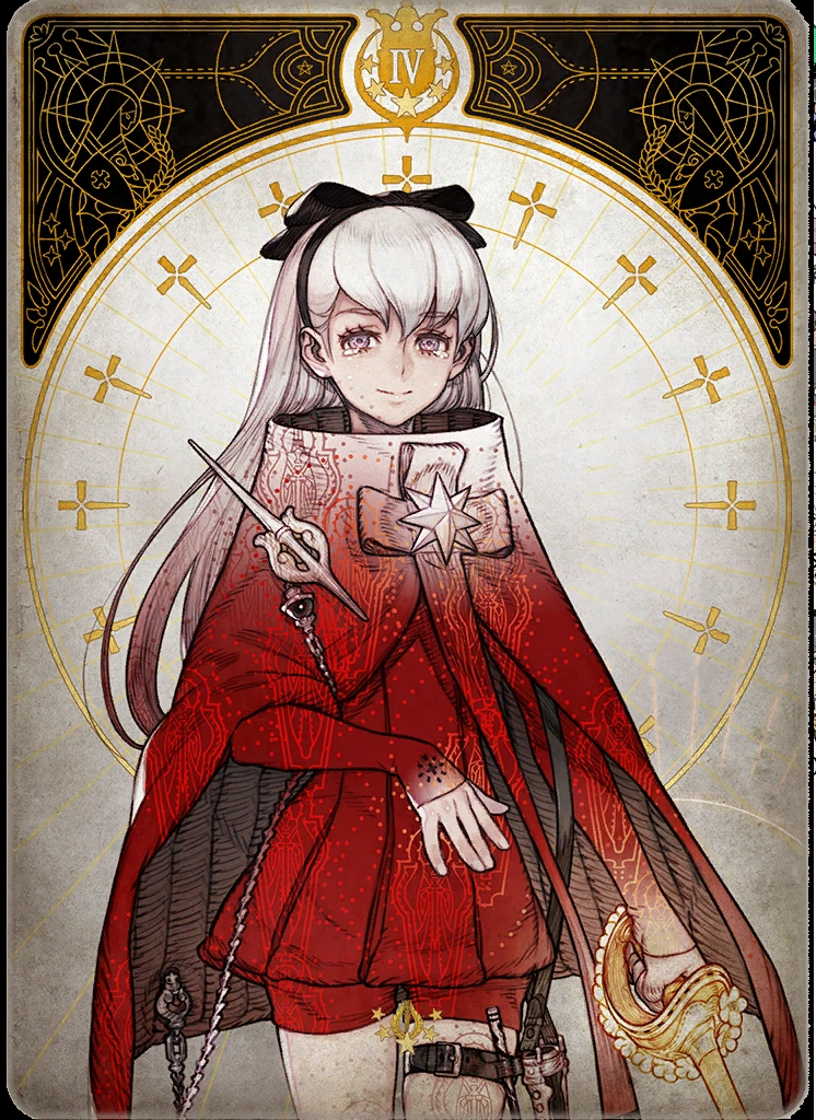 the image depicts a young woman, drawn in an anime/manga style, set within a tarot card inspired by the number iv. she has pale skin, long white hair with a black bow, and striking lightcolored eyes. she wears an ornate red robe featuring a stylized cross and star motif, hinting at a religious or magical background. she holds a sword in her left hand and a thin, pointed instrument, possibly a wand, in her right. the background features a circular design reminiscent of a clock face, adorned with crosses and intricate patterns, enhancing the mystical ambiance. the overall color palette is muted with a focus on reds, grays, and black, creating a solemn yet captivating atmosphere.