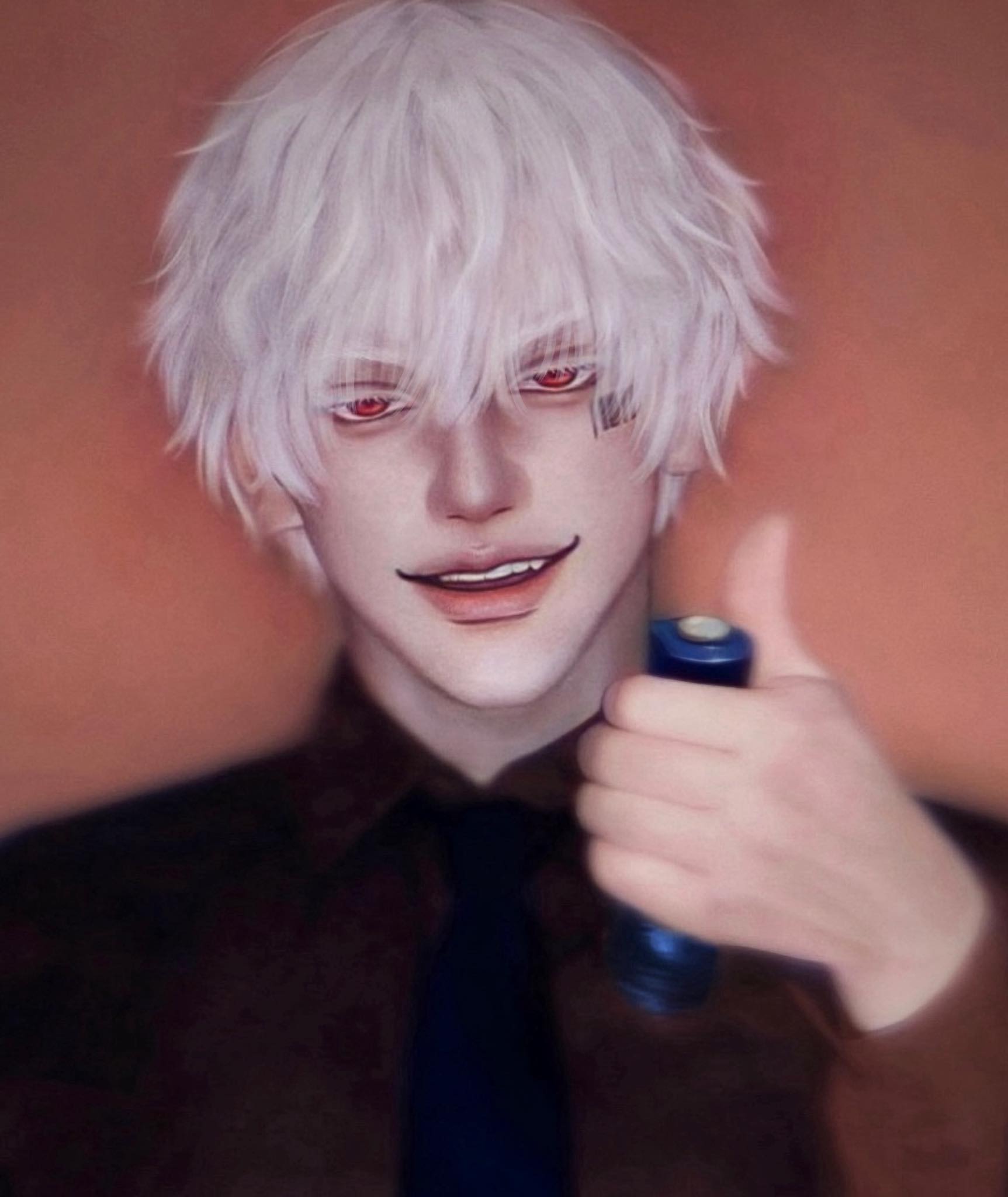 a portrait of a male anime character with white hair, red eyes, and a blue tie. he is holding a blue light and smiling. he is wearing a brown jacket and has red eyes. the background is red.