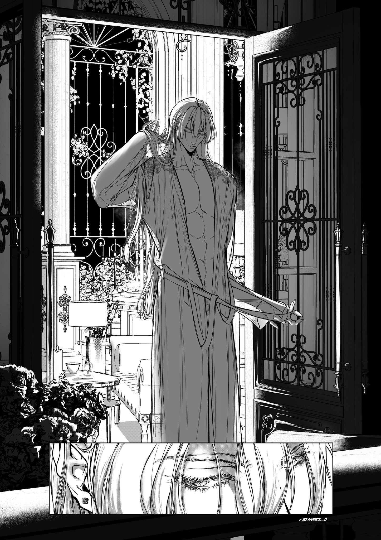 a black and white image of a man in a long white robe standing in a doorway of a house. the man's hair is long and straight, and he has a pensive expression on his face. he is looking down at the floor, and his eyes are closed. the house is decorated in a classic, vintage style with intricate details on the walls and doors. the man is surrounded by luxury and wealth.