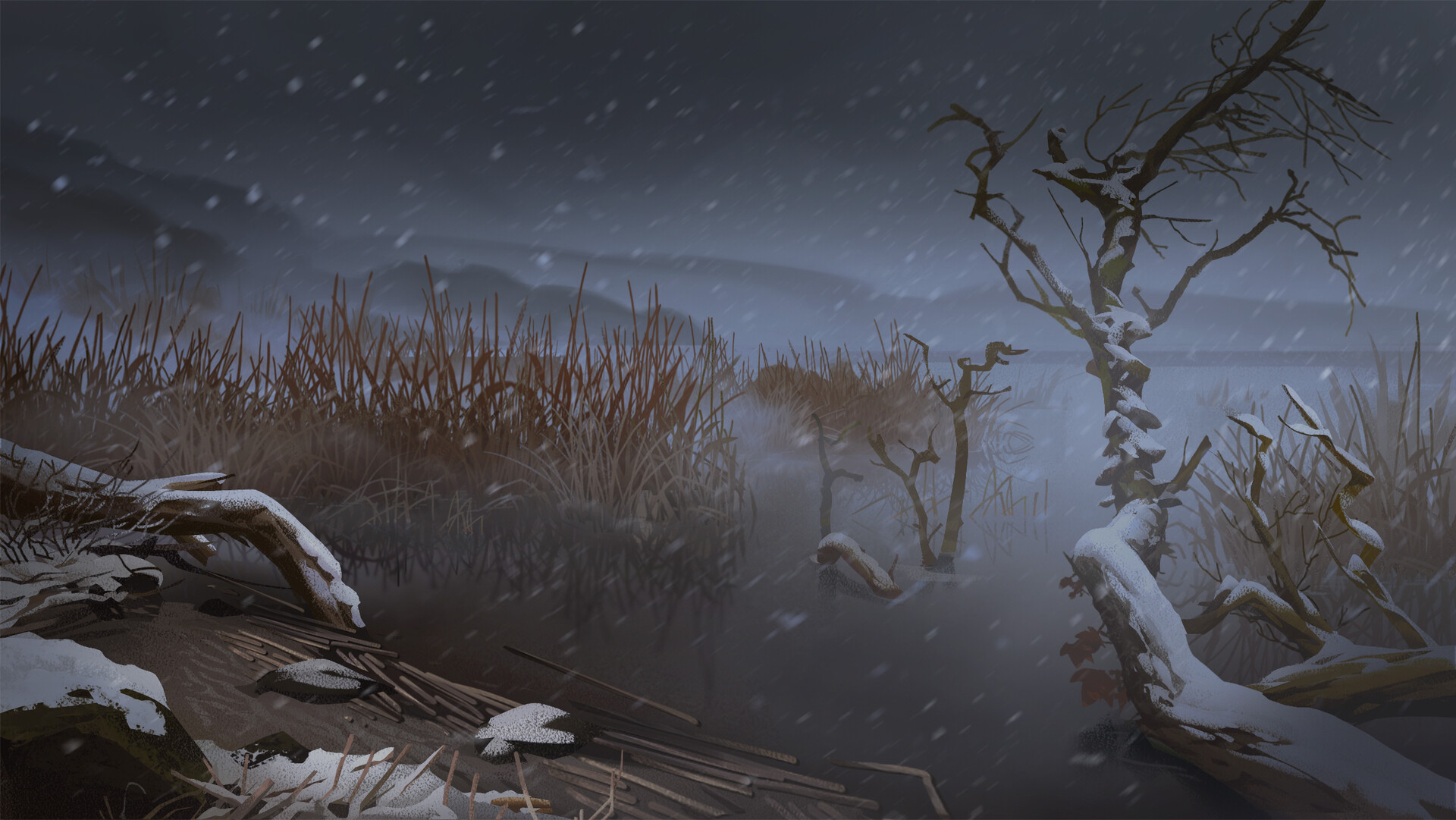 the image is a digital painting depicting a snowy winter landscape. the scene appears to be a swamp or marsh area with snow falling. there are tall, brown reeds growing in the water, along with bare trees and branches covered in snow. driftwood and other pieces of wood are scattered around the foreground, also dusted with snow. the background is foggy and overcast, with a gray sky. the overall color palette consists of gray, brown, white, and hints of blue.