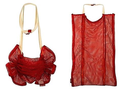 the image shows two different red mesh bags, one a tote and one a shoulder bag with ruffles. the shoulder bag has beige straps. the tote bag has vertical strips that are opaque.