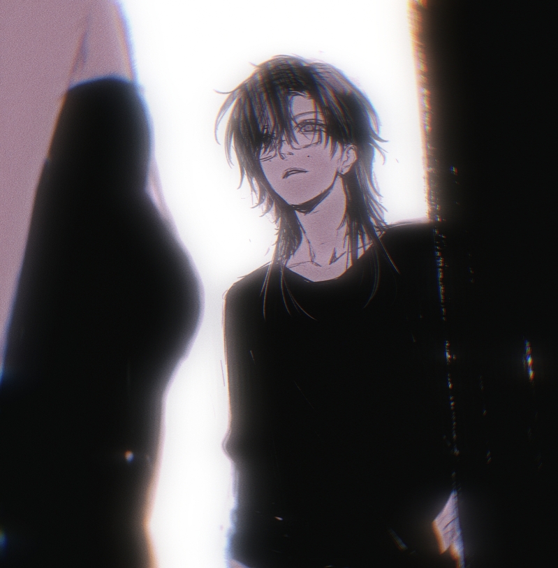 the image shows an anime girl with long black hair wearing glasses looking away from the viewer. she is in the foreground, standing against a white background, and there is another figure in the background, but it is not visible clearly. the image is filled with shadows and has a dark and mysterious feel. the girl looks sad and melancholic.