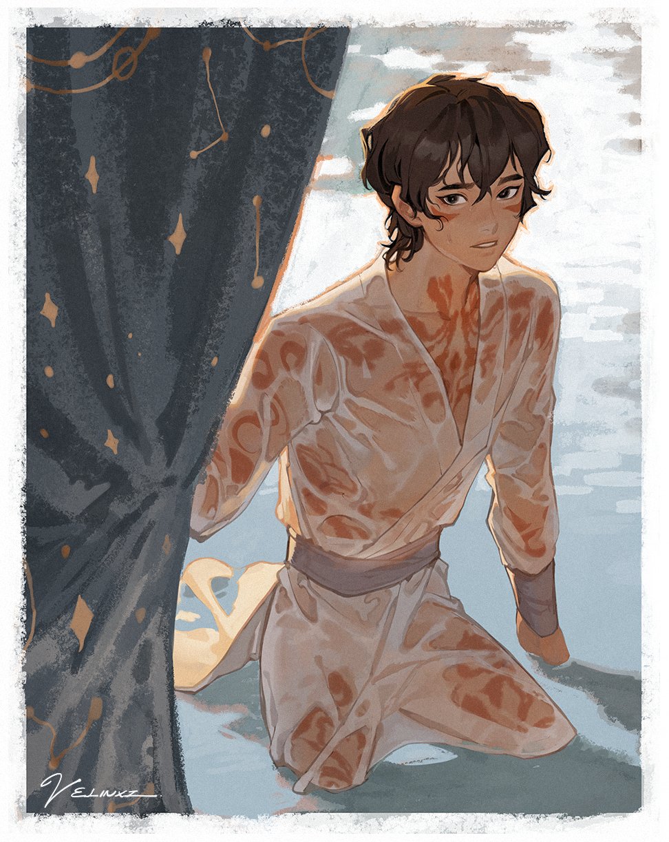 an anime style illustration of a man kneeling by a curtain. the man has brown hair, brown eyes, and a fair complexion. he is wearing a white robe with a grey belt and the robe is decorated with a brown pattern. he is kneeling in what appears to be water. to his left, a grey curtain with a gold constellation design is slightly drawn back, revealing light streaming from a window.