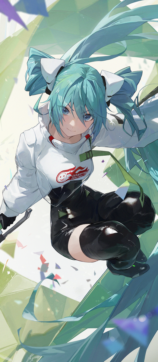 an anime girl in a white hoodie and black shorts with thigh high boots is the subject. she has long blue hair styled in pigtails. she is smiling slightly at the viewer while floating in the air. there are green shards of light floating in the air around her.