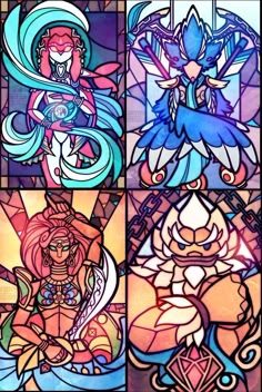 this image depicts a stained glass window with four panels. each panel features a different goddess from the legend of zelda: breath of the wild video game. the four goddesses are  din,  nayru,  farore, and  hylia. they are depicted in their divine forms, with their respective symbols and elements.  each panel is framed in a stylized, medievalinspired design, suggesting that this is a piece of sacred architecture. the vibrant colors of the stained glass create a sense of warmth and wonder, making this window a beautiful and inspiring piece of art.