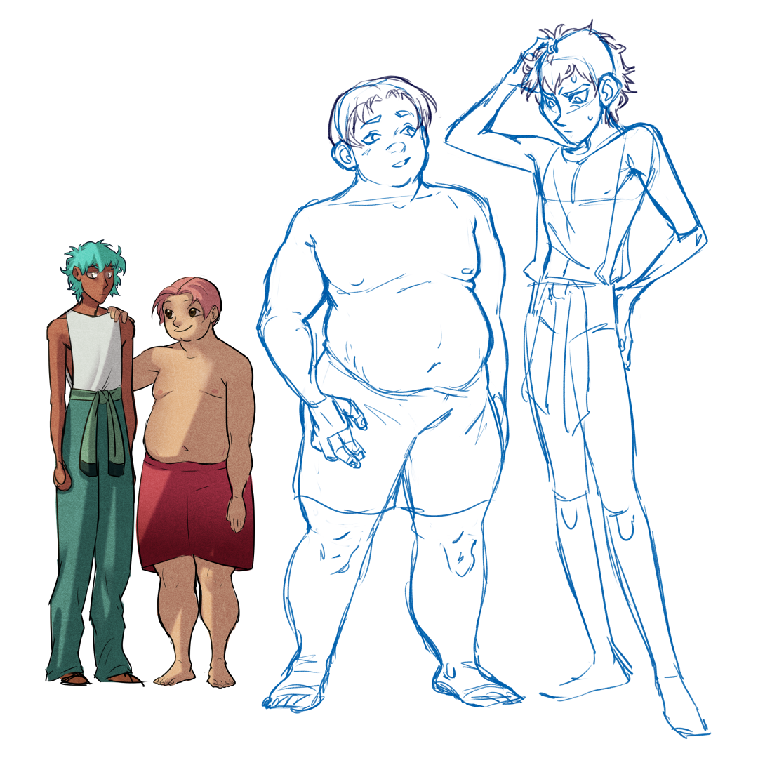 the image shows three rough sketches of male figures. it seems to be early character design exploration for an animation or comic.  each character has a distinct body type, with one being tall and thin, one being short and stout, and one being of average height. the artist has used blue line work to define the characters’ shapes and poses.