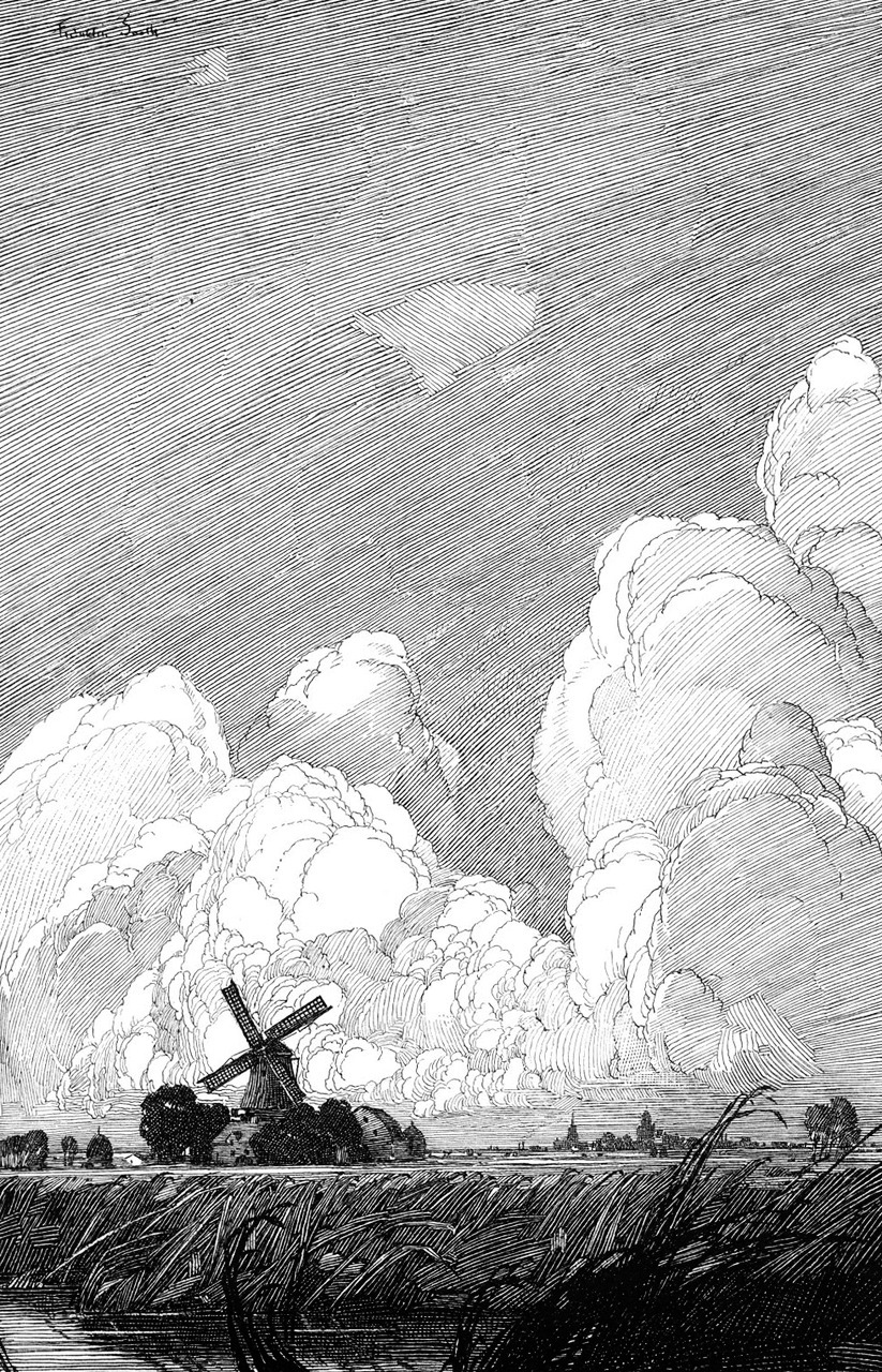 the image is a detailed black and white illustration or engraving depicting a dutch landscape. the most prominent feature is a windmill standing in a field, with a backdrop of dramatically rendered clouds filling most of the sky. the style is reminiscent of vintage or antique prints, with fine lines and hatching creating texture and depth. the scene is peaceful yet atmospheric, the clouds creating a sense of impending change or drama. the level of detail in both the windmill and the cloud formations is quite high. the overall feeling is one of serene countryside beauty with a touch of atmospheric tension.