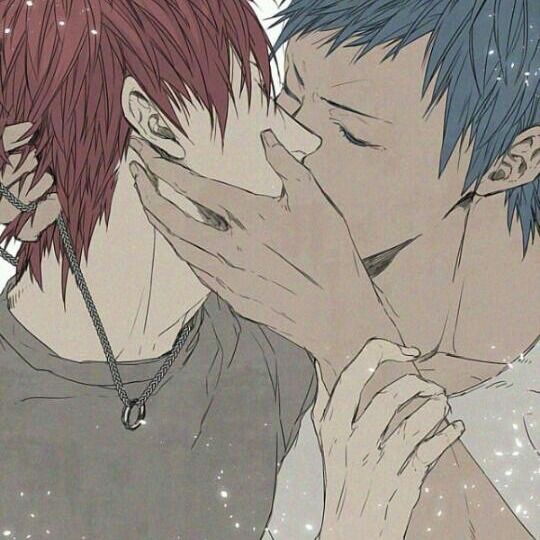 the image is a closeup drawing of two animestyle boys sharing a passionate kiss.  one boy has red hair and the other has blue hair.  their arms are wrapped around each other, conveying intimacy and affection. the style is grayscale with a slightly textured, almost painterly effect.  the overall tone suggests a romantic and possibly sensual relationship between the two characters.
