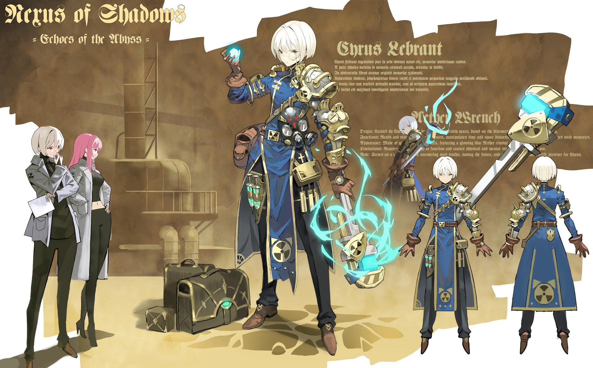 the image presents character design concept art for "nexus of shadows: echoes of the abyss." it features a central character named cyrus lebrant, depicted in a steampunkinspired outfit with science fiction elements like a glowing wrench weapon. additional characters are shown in a laboratory setting, along with design details and background elements. the art style is reminiscent of anime.