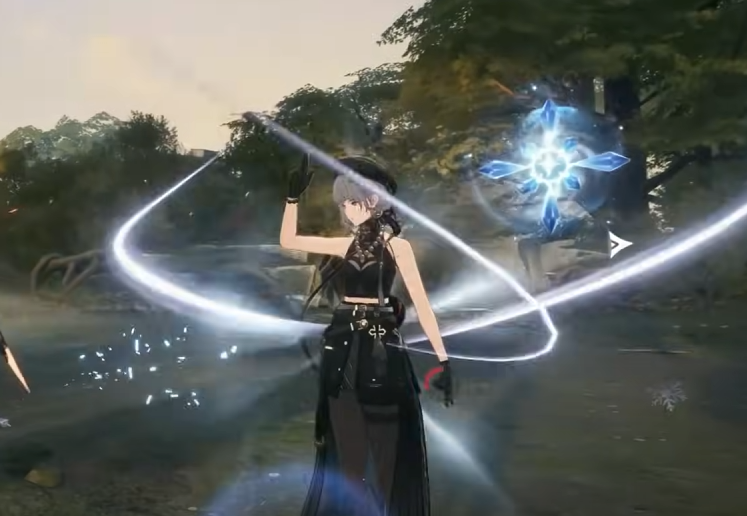 a female anime character with grey hair wearing a black and white outfit, standing in a forest environment, casting a magic skill with white and blue visual effects. the scene suggests an action rpg game. the lighting is soft and daylight, creating a somewhat mystical ambiance. the image is captured from a thirdperson perspective.