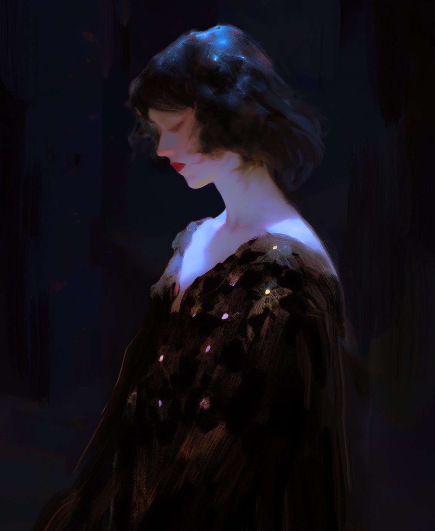 this digital painting depicts a woman with long, dark hair, wearing a black dress with sparkling flowers. she is looking down, her expression is melancholy, and the lighting is dramatic and mysterious. the artwork conveys a sense of sadness, loneliness, and longing, creating a romantic and dreamlike atmosphere.