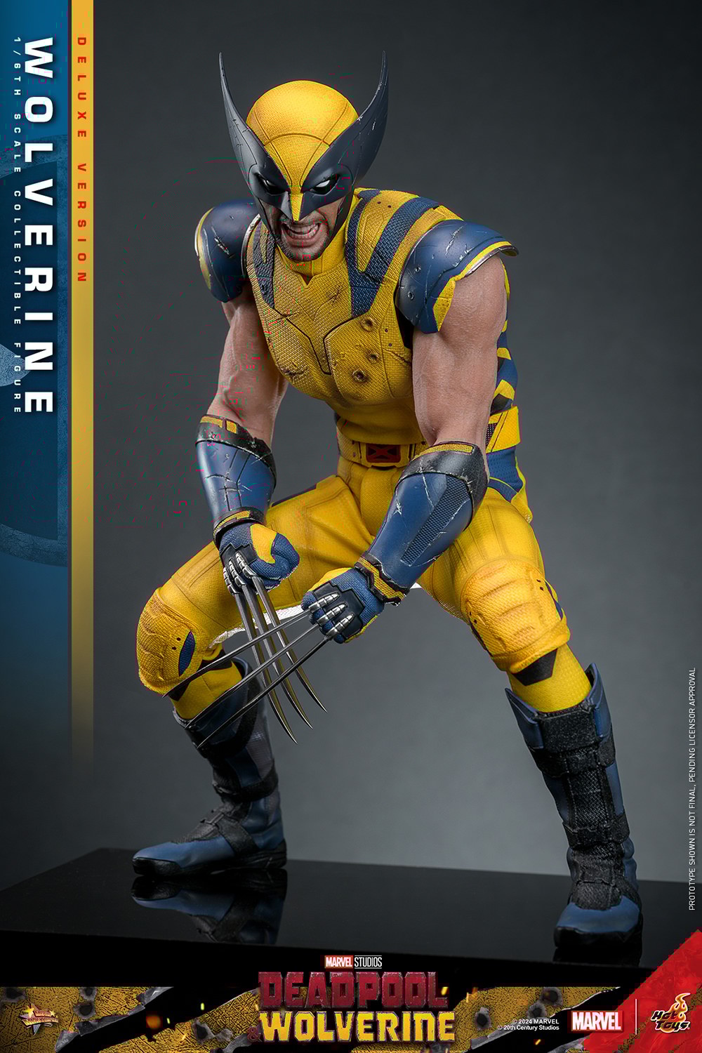 the image showcases a highly detailed, collectible action figure of wolverine from the movie 'deadpool'. he is captured in a dynamic pose, claws out, wearing his iconic yellow and blue costume. the figure stands against a neutral gray background with subtle text and logos related to the character and franchise. the lighting is dramatic, highlighting the figure's sculpted muscles and metallic claws.