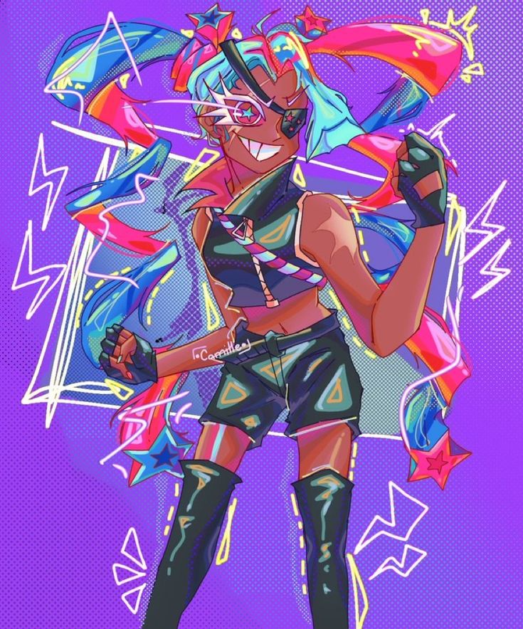 a colorful digital illustration of an anime girl. she has long blue hair with pink and red streaks, and her eyes are surrounded by black lines. she is wearing a black and white leather jacket with a red and white striped shirt underneath, and a pair of black leather shorts. she also has black leather boots on. her left eye is covered with a black eyepatch with a star on it. she is posing in a dynamic and energetic way, with her right arm raised and her left arm bent at the elbow. the background is a purple and neon color, with lightning bolts and stars. she appears to be a cyberpunk character, with a futuristic and edgy style.