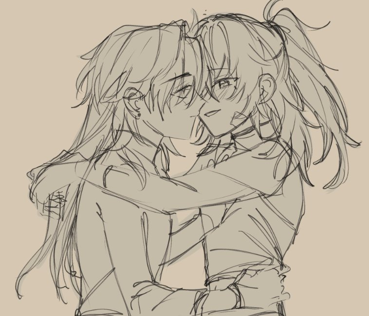 a drawing of a couple hugging with their faces close together. the boy has short, wavy hair and is wearing a shirt, while the girl has long, straight hair and is wearing a shirt. they are both smiling and look very happy. the drawing is done in black and white.