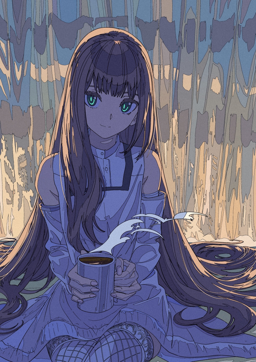 the image is a stylized digital illustration of an anime girl with long brown hair and vibrant green eyes.  she's sitting outdoors, possibly in a wooded area, in a light purple, coldshoulder dress with long sleeves. she holds a mug of coffee or tea, from which steam is subtly rising. the background is a blurred, impressionistic depiction of trees or foliage, rendered in muted pastel tones of blues, purples, and oranges. the overall mood is serene and peaceful, with the girl exhibiting a calm, almost pensive expression.  the art style is highly detailed and expressive, with a focus on linework and shading to create a soft, dreamlike atmosphere.  she is wearing patterned stockings under her dress.