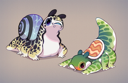 the image showcases two adorable, fictional creatures that appear to be a hybrid of a lizard and a snail. the creature on the left is primarily yellow with black spots, sporting a large, translucent blue snail shell on its back. it has a chubby, froglike body and wide, curious eyes. the creature on the right is predominantly green with yellow stripes and a rounded shell reminiscent of a turtle's, adorned with an orange and yellow pattern. it has a more slender build compared to its counterpart and is depicted in a playful pose. both creatures exhibit large, endearing eyes and a captivating blend of reptilian and gastropod features.