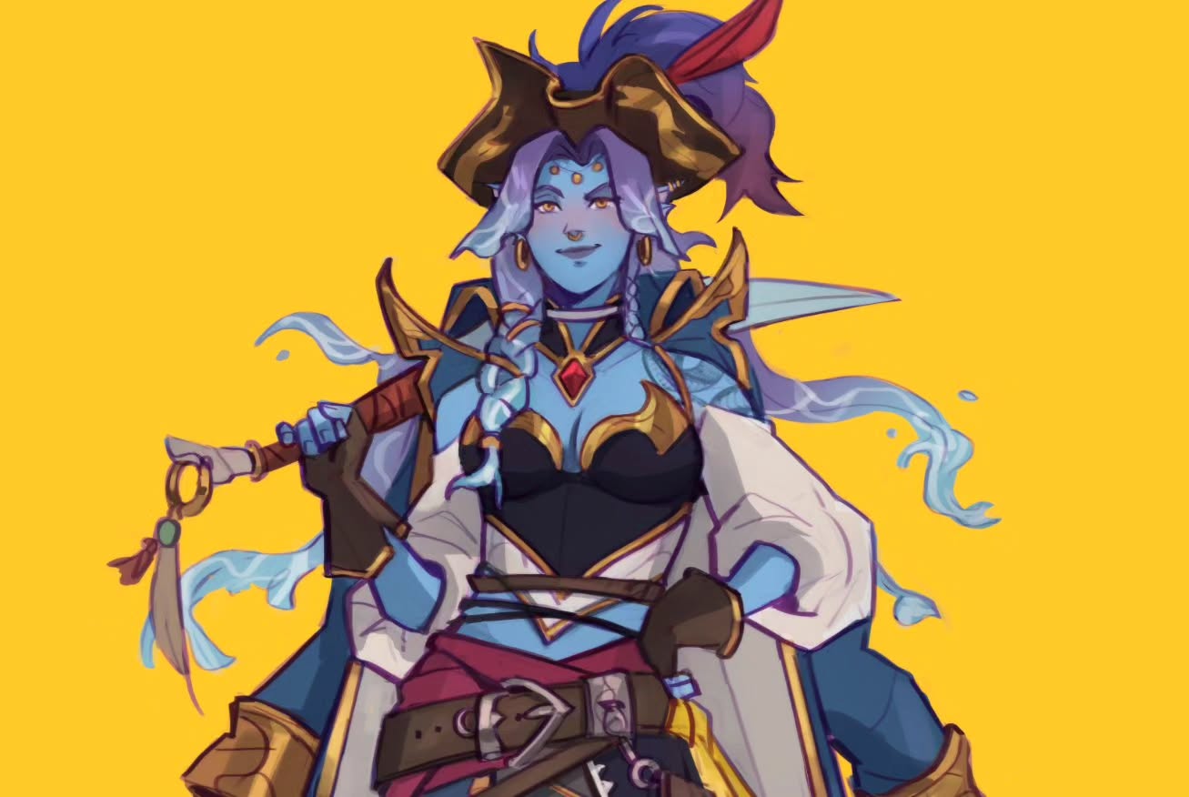 the image is a digital painting of a female fantasy pirate character. she has blue skin, long flowing purpleblue hair styled in a braid, and wears a tricorn hat with a red feather.  her attire includes a goldtrimmed jacket and cloak, a dark corset, and a piratestyle belt with various accessories. she carries a sword or cutlass and her hair and clothing elements suggest a connection to water or the ocean. the character's expression is confident and elegant, and the overall style is vibrant and whimsical, set against a solid yellow background. the artwork is detailed, showcasing a high level of skill in character design and digital painting.