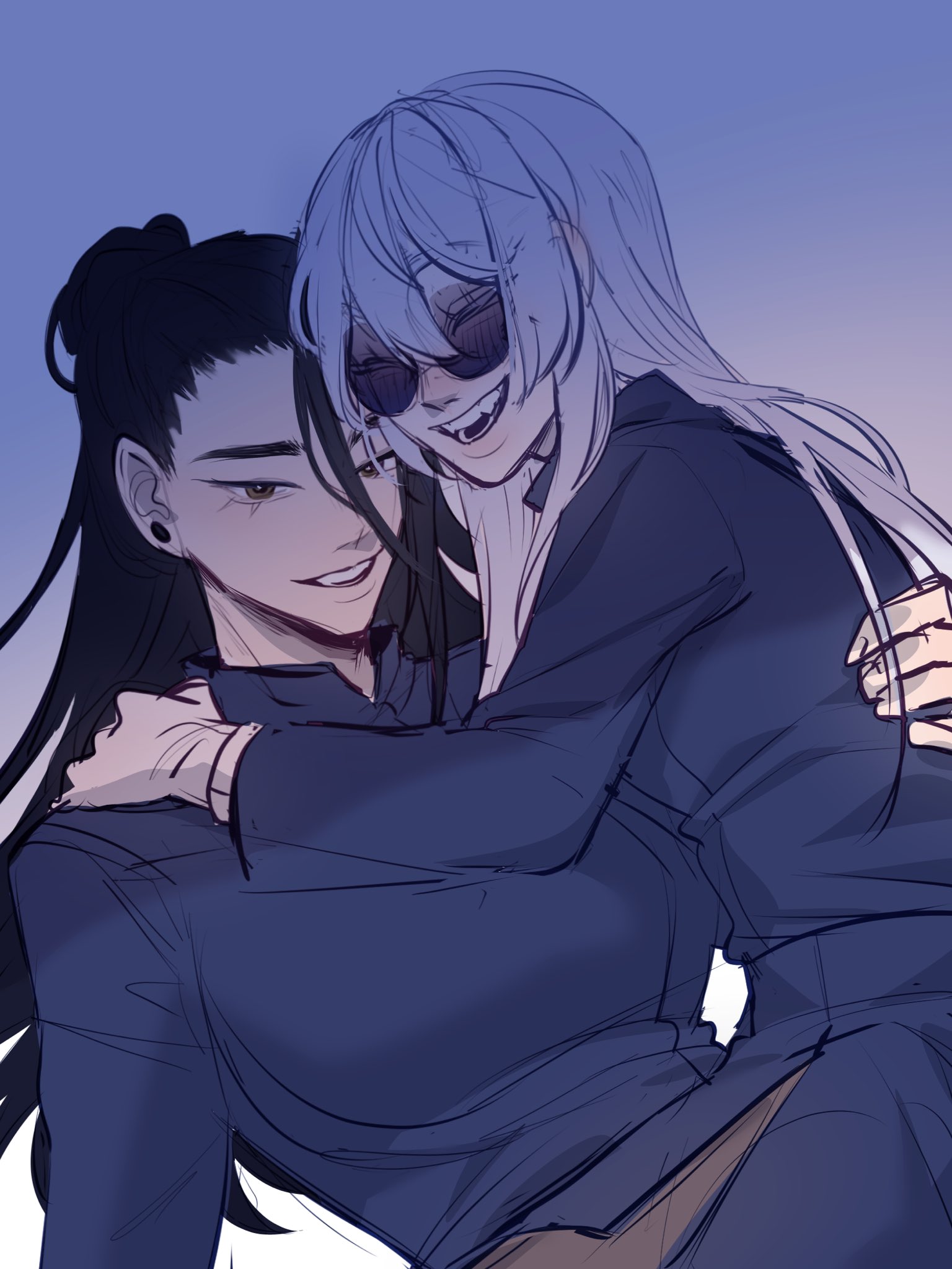 this image is a digital drawing of an anime couple. the girl is white haired and wearing dark sunglasses, and is leaning into the boy while laughing. the boy is black haired and has his arm around the girl. they look to be laughing together. the background is a light blue, and the image is drawn in a sketchy style.