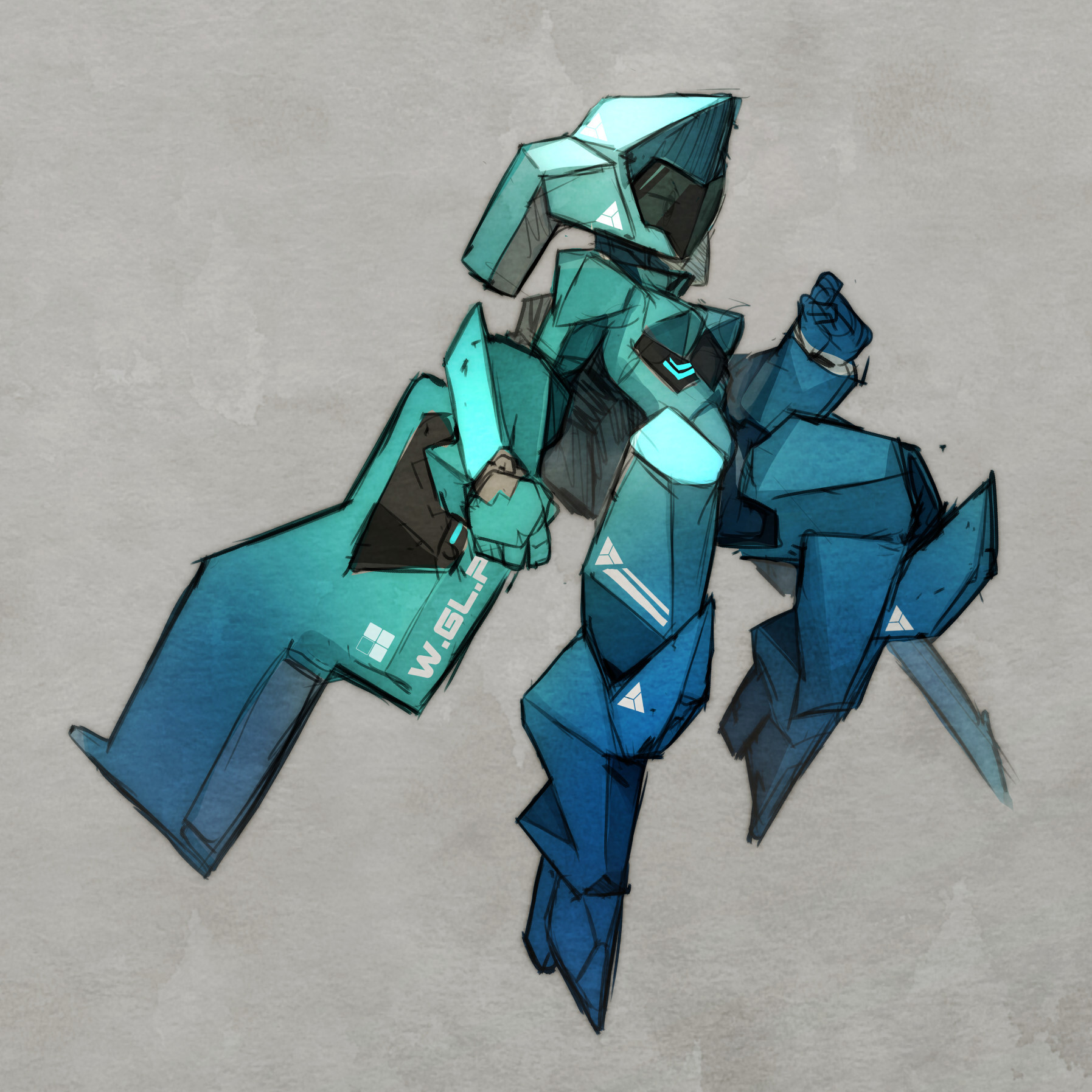 a sketch of a blue and green robot with a helmet and a weapon. the robot is drawn in a futuristic style and has a lot of details. the robot is standing on one leg and the other is bent. the robot's weapon is a long blade that is attached to the robot's arm.  the sketch is on a grey background.