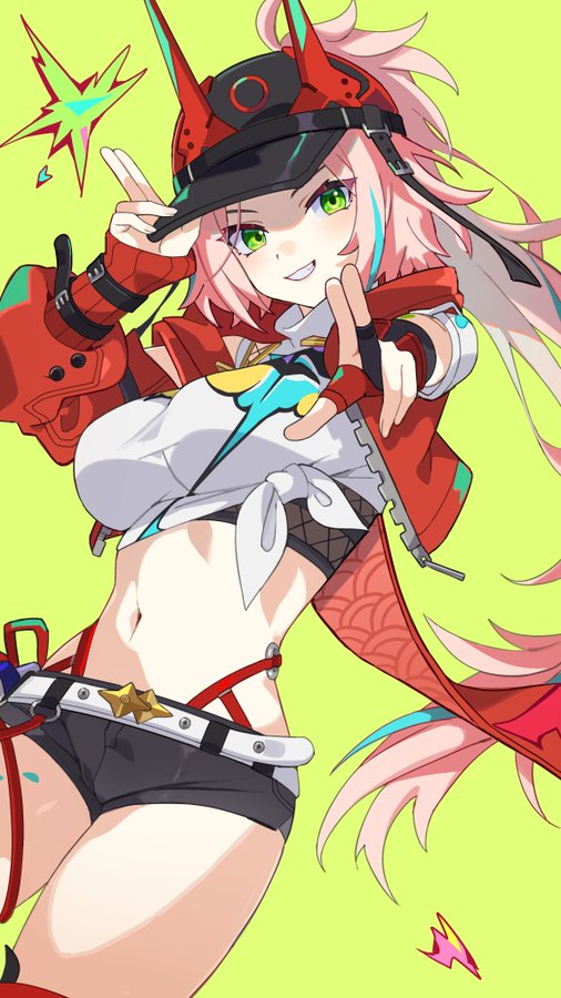 this is an illustration of a female anime character with pink hair. she is smiling and wearing a red jacket, black shorts, and a red helmet. she is holding her hands in the air in a peace sign.