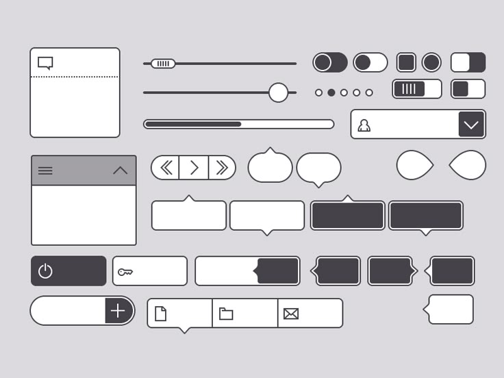 the image contains a collection of graphical user interface (gui) elements. these include sliders, toggles, progress bars, drop down menus, speech bubbles, buttons, file icons, pagination and icons like a key, plus sign, and power symbol. the elements are rendered in a minimalist style using black and white outlines and fills.
