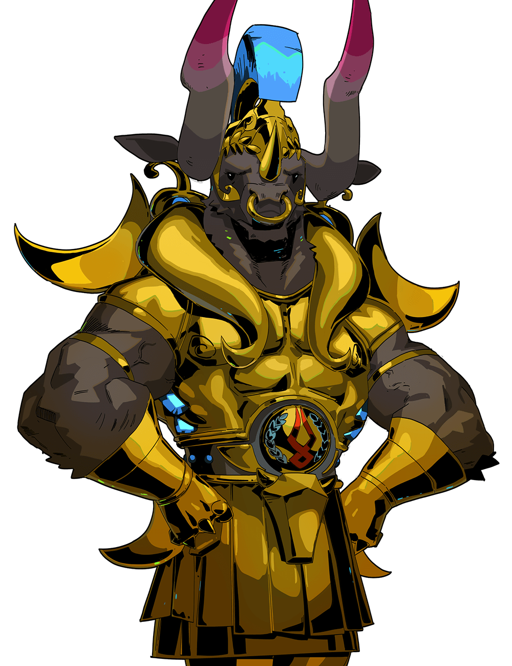 a digital illustration of a powerful and fierce minotaur, a mythical creature with the head of a bull and the body of a man.  the creature wears a gold helmet, armor, and gauntlets. the creature's arms are crossed, giving the impression of strength and power.  the illustration is done in a stylized manner, with bold colors and simple shapes. the minotaur has a threatening expression, suggesting its dangerous and powerful nature.  the background is white.
