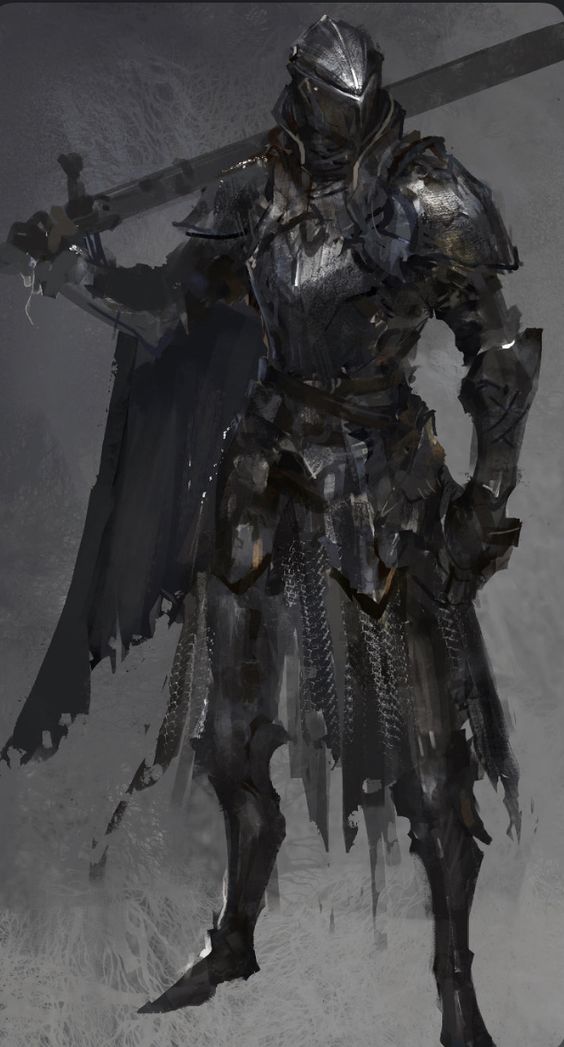 the image showcases a digital painting of a knight clad in heavy, weathered armor.  the knight stands against a dark, textured background, suggesting a somber or battlescarred setting. he grips a large sword, the only other prominent detail in the composition. the overall palette is muted and dark, emphasizing the gritty realism of the artwork.