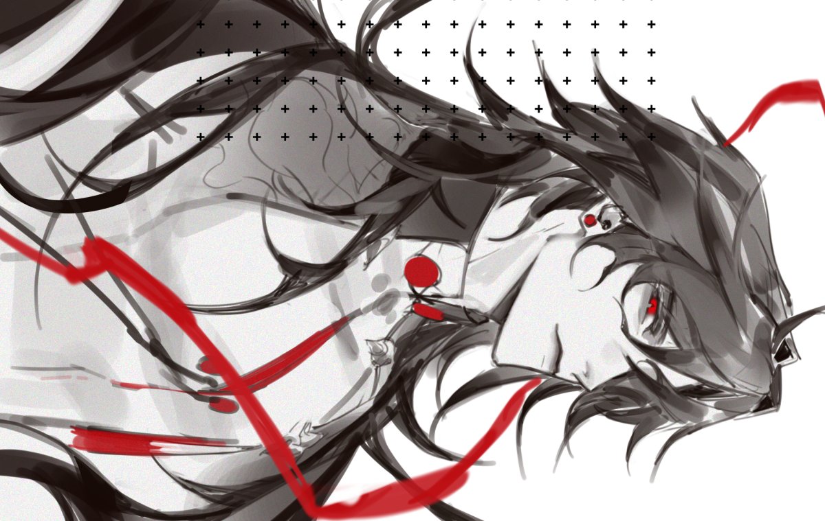a drawing of an anime boy with black hair and red eyes looking down with a serious expression. he is in black and white with a red streak of color going diagonally across the page. he is in a sketchy art style and looks to be in a dramatic pose.