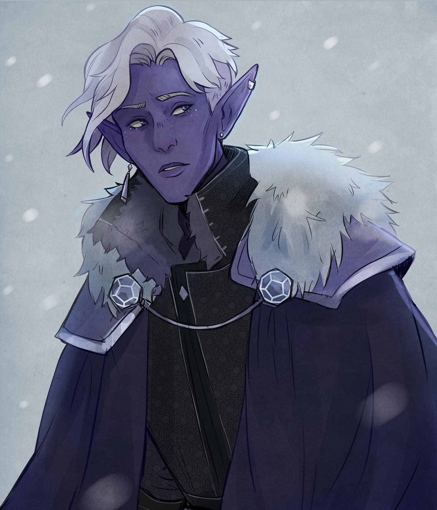 the image is a digital painting of a male elf character.  he has pale purple skin, short white hair, and pointed ears adorned with small earrings. he's wearing a dark, ornate, long cloak with a thick, lightcolored fur collar.  the cloak is fastened with decorative gemstone clasps. the elf has a serious, almost pensive expression on his face. the background is a soft, muted gray and white, suggesting a snowy environment.  the overall style is evocative of fantasy art and roleplaying game character designs. the art style is slightly painterly, with visible brush strokes and soft shading.
