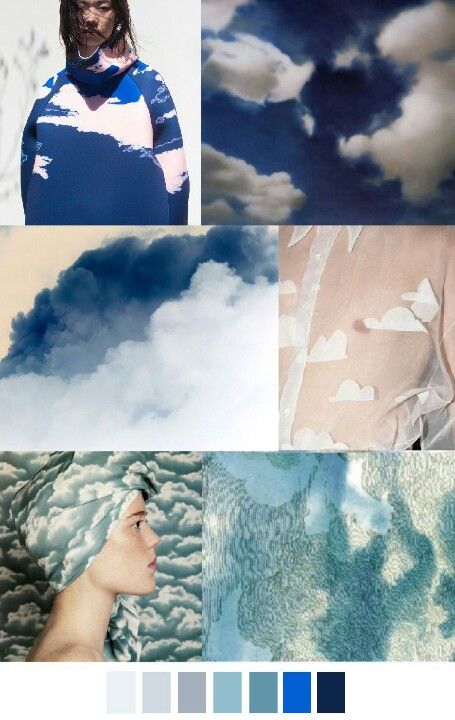 a moodboard with a blue and white color scheme, featuring images of clouds, sky, and fabric samples with cloud patterns. there is also a palette of blue and white shades below the images.