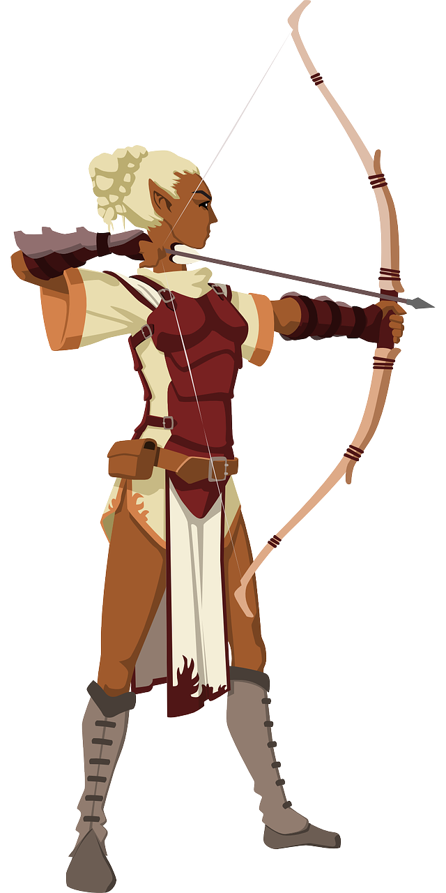 a fullbody illustration depicts a female elf archer drawing back an arrow with a traditional bow. the elf has tan skin, blonde hair styled in a bun, and pointed ears. she wears a creamcolored tunic with brown trim, a burgundy leather breastplate, a brown belt with a pouch, and kneehigh laced leather boots. the background is solid black.