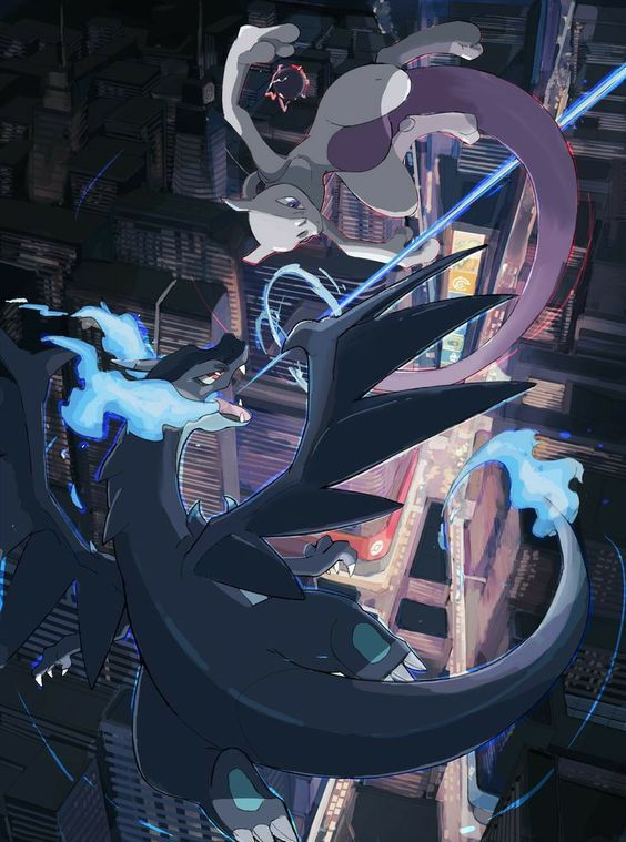 mega charizard x and mega mewtwo y are engaged in an aerial battle over a city at night. charizard is breathing blue fire, and mewtwo is using psychic powers to attack. the cityscape is blurred, giving the impression of great height and speed. the art style is reminiscent of anime.