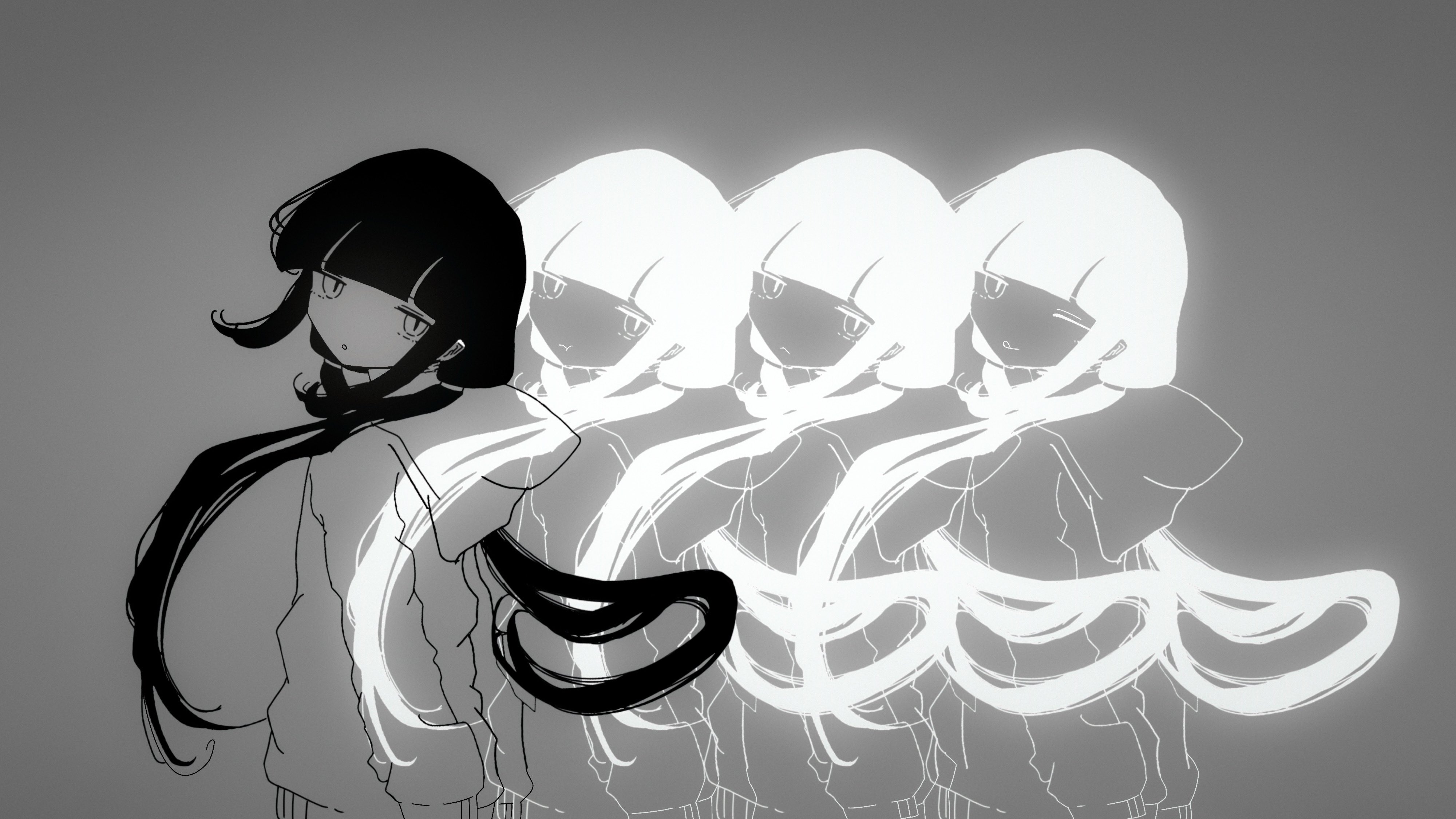 the image features a central animestyle girl with dark bobbed hair and a hoodie. behind her are multiple translucent, almost ghostlike, copies of the girl, creating a repeating pattern of her form with long, flowing hair. the style is monochrome, with stark contrasts between the dark, defined lines of the main character and the lighter, almost glowing copies behind her. the overall mood is mysterious, surreal, and somewhat lonely, with the repetition suggesting a theme of identity or multiplicity. the art style is stylized and digitally created, emphasizing strong lines and graphic elements.