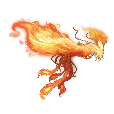 a phoenix in midflight is set against a black background. rendered in shades of orange, yellow, and white, the stylized depiction emphasizes the fiery nature of the mythical bird as its form appears composed of flames and embers. the phoenix's head is bowed as its elaborate tail feathers cascade downwards.