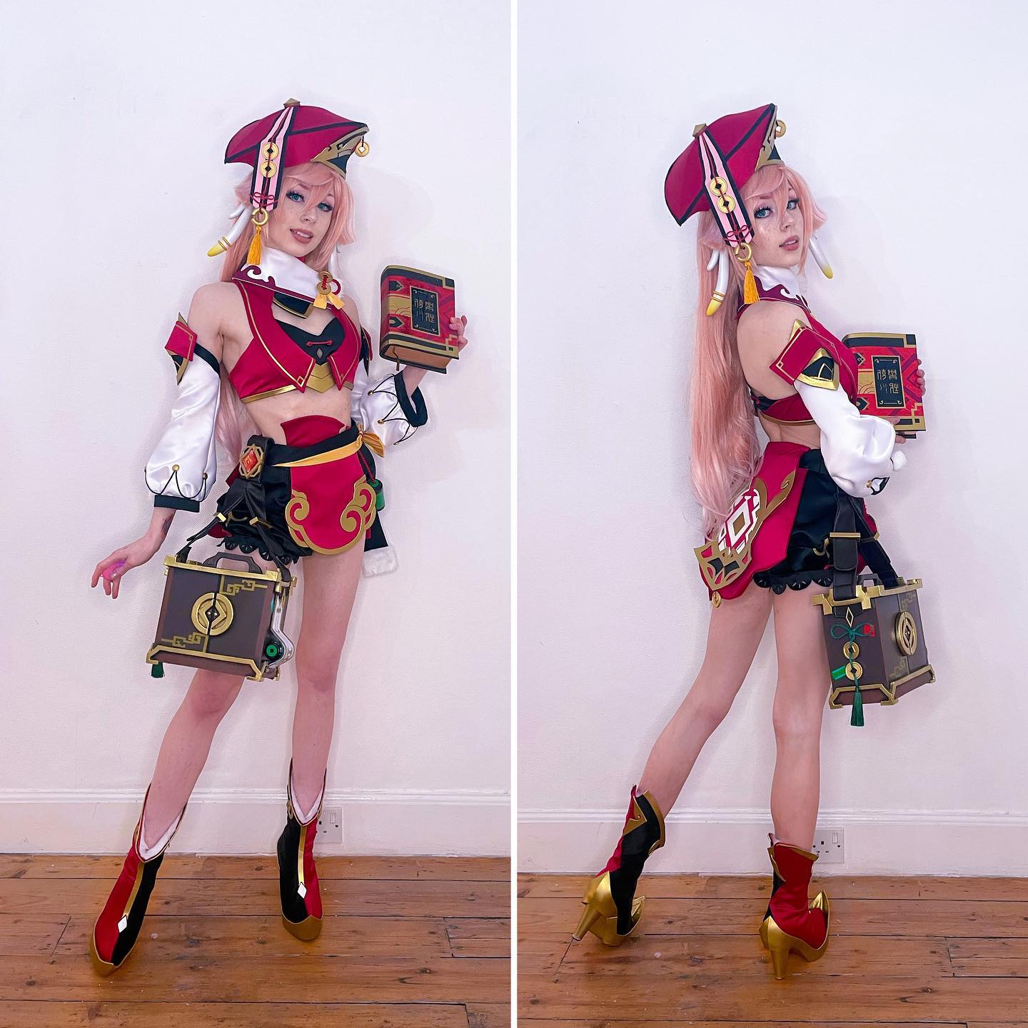 wo fullbody images of a cosplayer dressed as yaemiko from genshin impact. the cosplayer is wearing a meticulously crafted costume, including a red and gold outfit, a pink wig, and detailed accessories such as boots and a box.  one image shows the cosplayer facing forward, slightly turned, while the other presents a profile view, showcasing the costume's details from the side. both images are set against a simple white background, allowing the costume to stand out clearly. the cosplayer is holding a book in one hand. the quality of the cosplay and the photography is high, capturing intricate details of the costume and highlighting the model's pose.