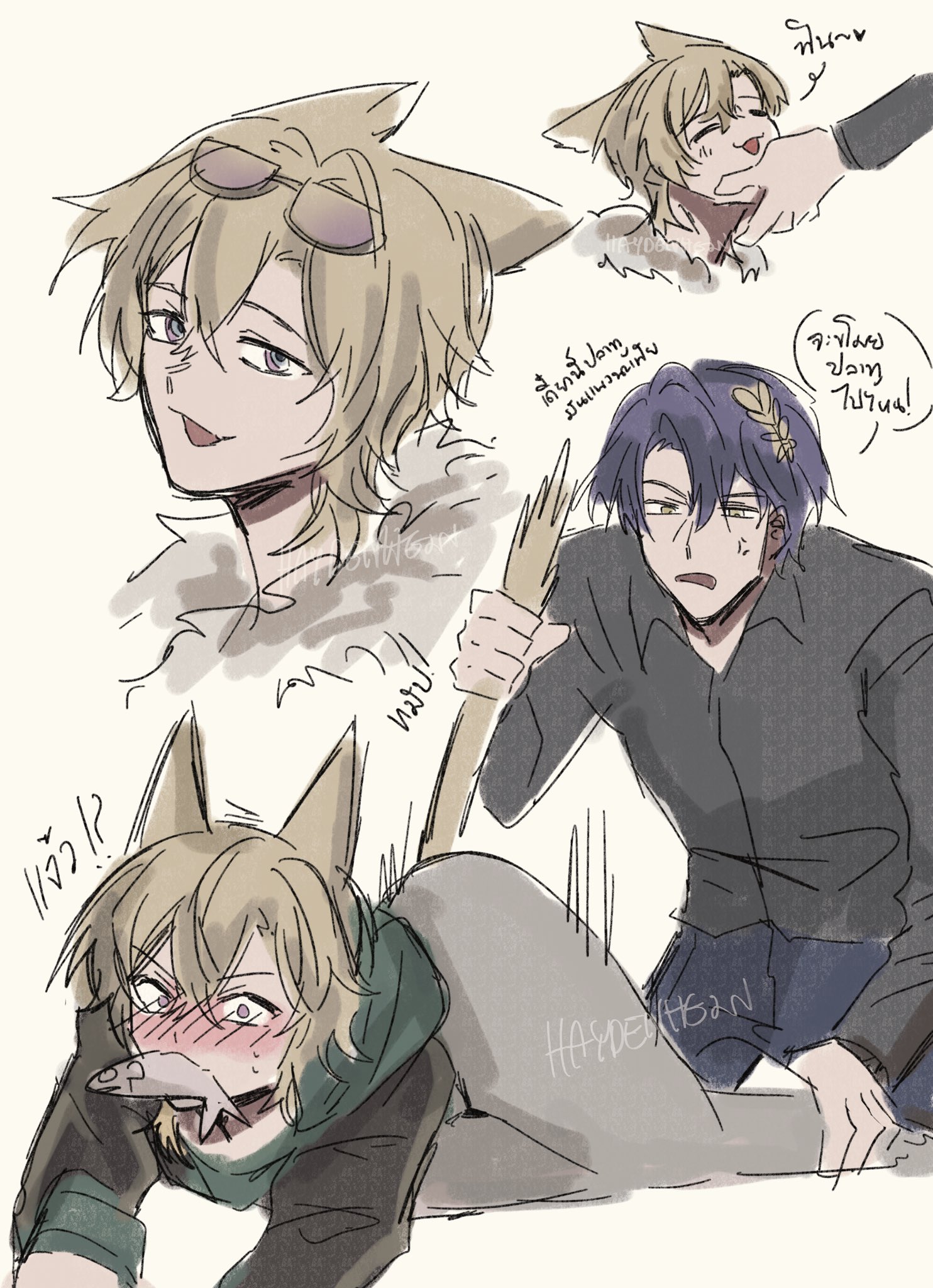 this is a colorful digital drawing of three anime characters with speech bubbles in japanese. the character on the top left is a blonde boy with cat ears and he is smiling. he is wearing a grey jacket with a white collar. the boy on the right has dark blue hair, is holding a broom, and looks startled. he is wearing a black shirt with a grey collar. there is a blonde boy on the bottom, with cat ears and he is wearing a black and green jacket with grey pants. he is looking down, blushing and holding his face with his hand. the speech bubbles above the characters are in japanese, making it hard to tell what the characters are saying to each other.