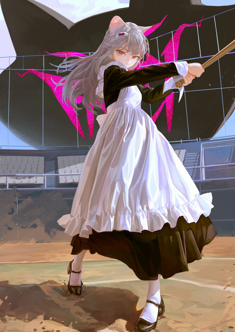 an anime girl with cat ears is standing on a baseball field wearing a maid outfit and holding a baseball bat. the girl has gray hair and red eyes. the background includes a large black shape with pink accents and a baseball field.